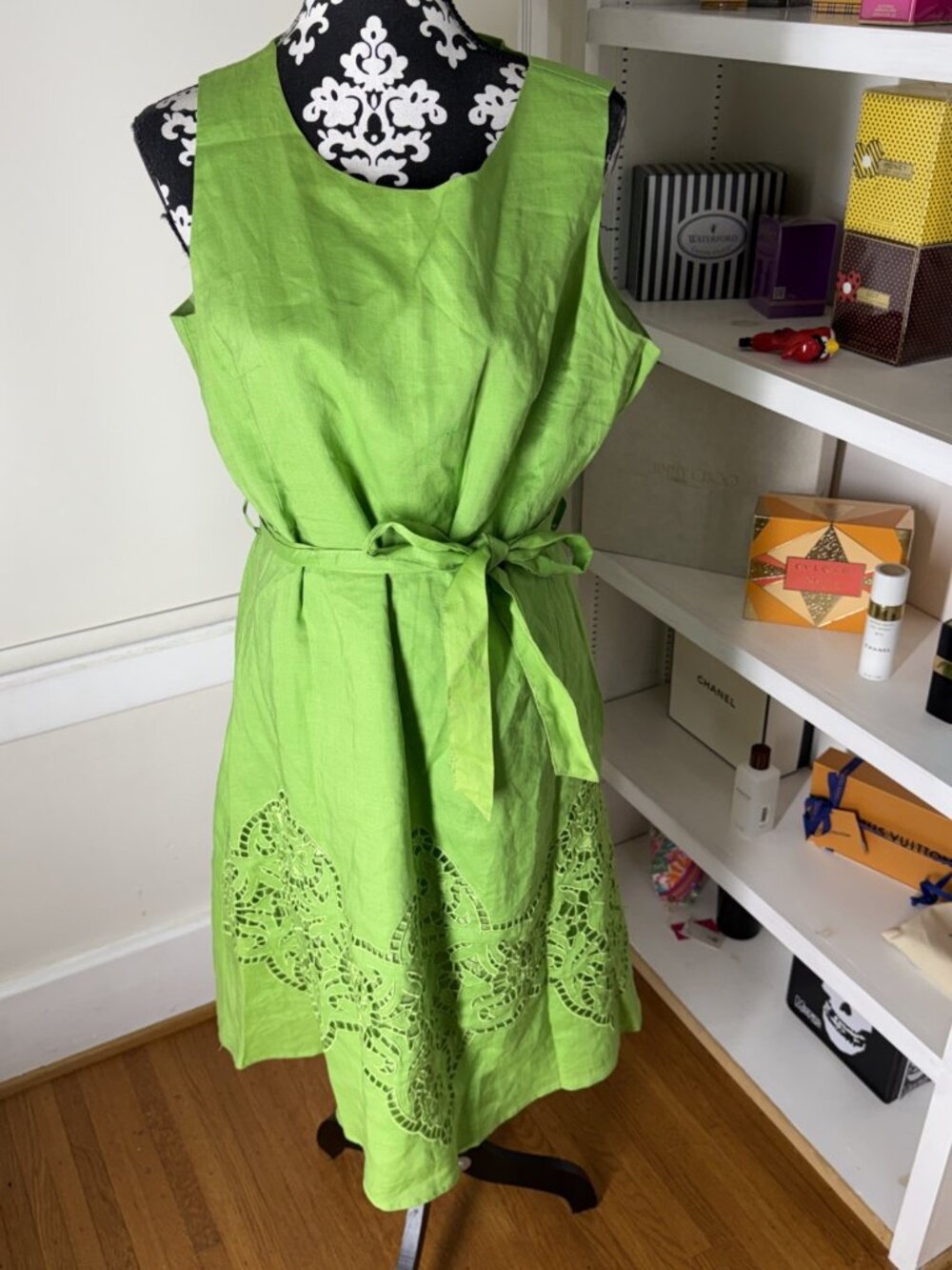 Lino USA Dress Women's Plus 1X Fit and Flare Green Linen lined lace crisp belted